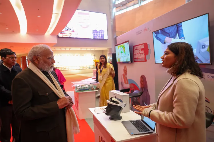 Prime Miniter Narendra Modi attends an exhibition during the Viksit Bharat Young Leaders dialogue 2025