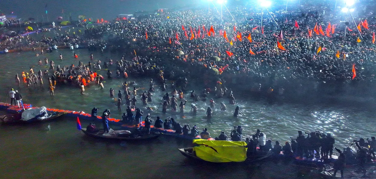 An aerial view of Sangam Triveni Tuesday morning, the day of first Shahi snan