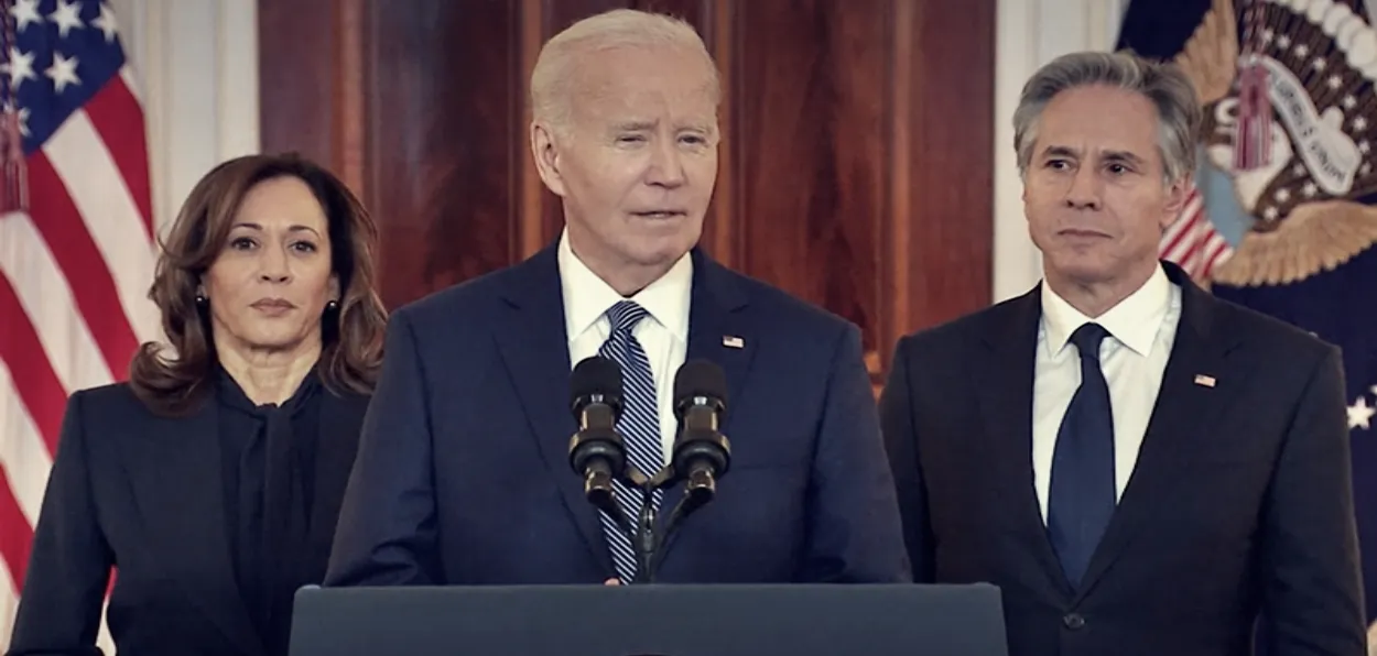 US President Joe Biden flanked by VP Kamala Harison and secretary Antony Blinken announcing the Israel-Hamas ceasefire deal in Washington DC 