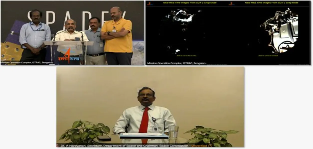 V. Narayanan, ISRO Chairman announcing success of SpadeX. Images of docking of satellites (ISRO)