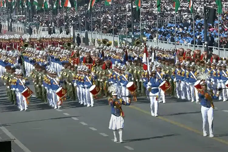 Indonesia's Genderang Suling Canka Lokananta marching in the republic Day Parade at Kartavya Path