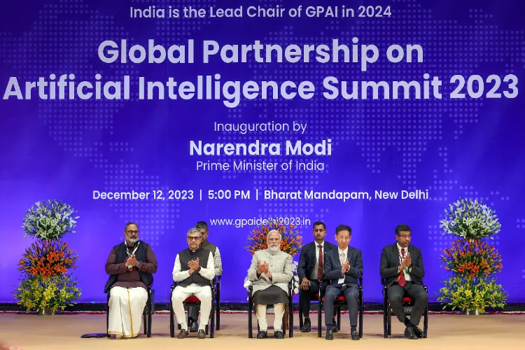 PM Narendra Modi with Union Ministers Ashwini Vaishnaw, Rajeev Chandrasekhar, Japanese Minister Hiroshi Yoshida and Ministry of Electronics and Information Technology Secretary S Krishnan at the Global Partnership of AI summit 