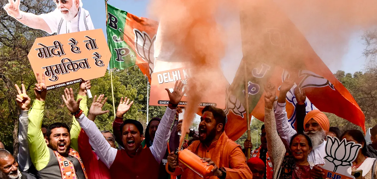 BJP activists celebrating party's victory in Delhi Assembly elections in Delhi