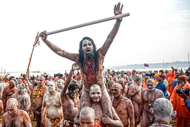 Sadhus take part in the religious procession towards the Triveni Sangam for 'Amrit Snan' in Prayagraj