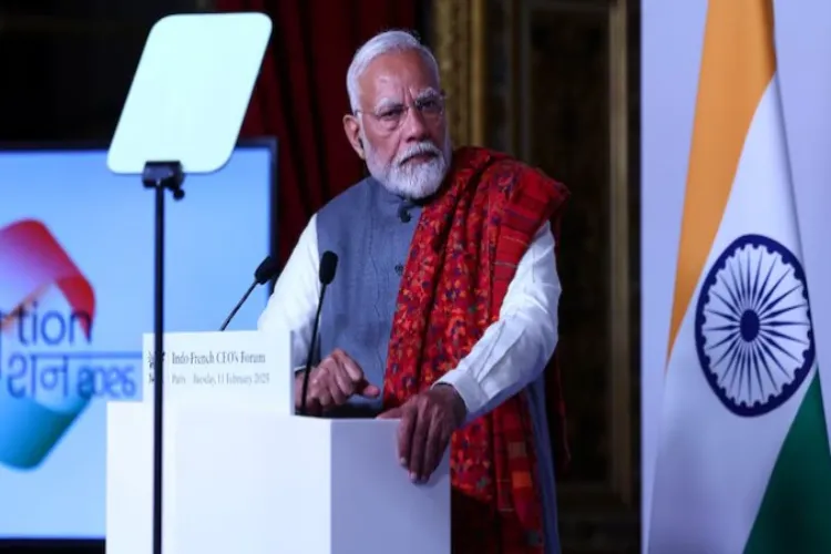 Prime Minister Narendra Modi speaking at the India-France CEOs meeting in Paris