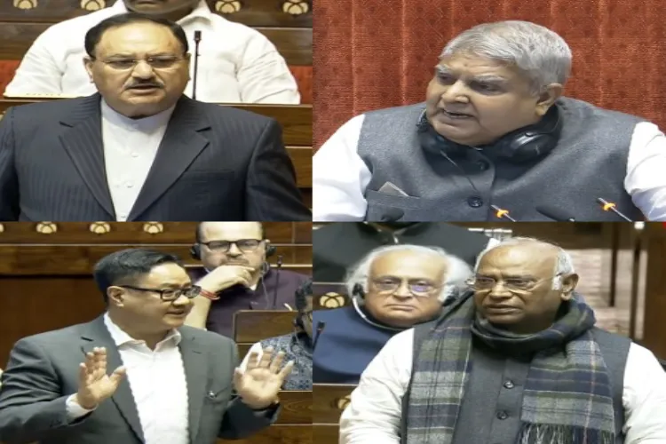 (Top) L-R: BJP President JP Nadda, Rajya Sabha Chairman Jagdish Dhankar; (Bottom) L-R: Parliamentary Affairs Minister Kiren Rijiju, Leader of Opposition Mallikarjun Kharge 