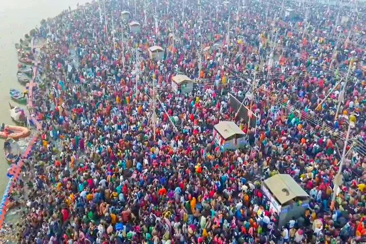 An aerial of view heavy rush of devotees taking a dip at Triveni Sangam during the ongoing 'MahaKumbh Mela 2025' in UP's Prayagraj