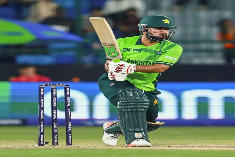 Pakistan's Khushdil Shah plays a shot during the ICC Champions Trophy cricket match between New Zealand and Pakistan at National Bank Stadium in Karachi, Pakistan, on February 19, 2025.