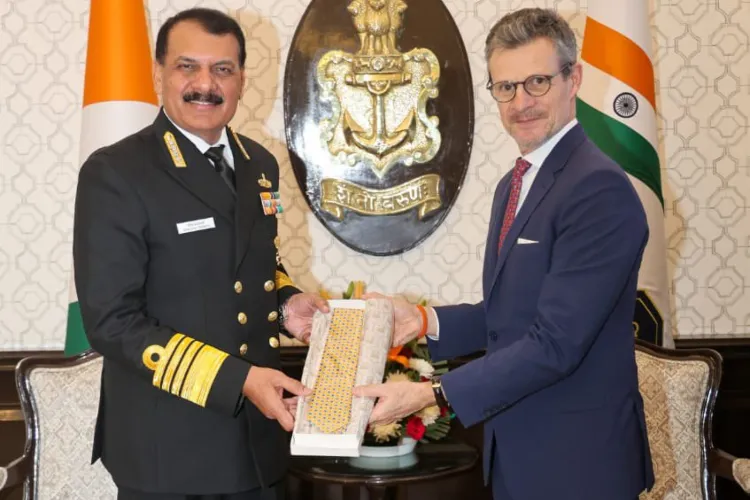 Herve Delphin, Ambassador of the Delegation of the European Union to India with  India Navy Chief Admiral DK Tripathi