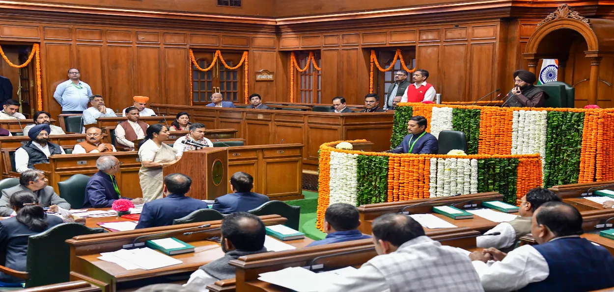 Delhi Chief Minister Rekha Gupta speaks during the first session of the 8th Delhi Legislative Assembly in New Delhi on February 24, 2025