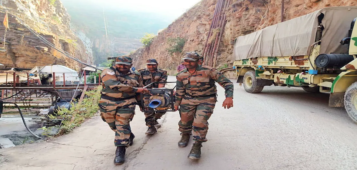 Army Engineer Task Force with medical teams deployed for rescue operation to facilitate safe evacuation of trapped workers from the collapsed portion of the Under-Construction Srisailam Left Bank Canal which crashed on Feb 22 in Nagarkurnool