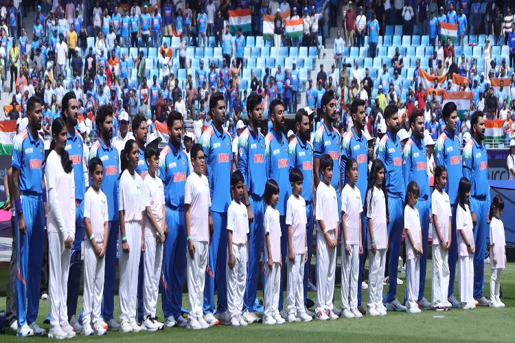 Dubai: Players of India stand for the national anthem before the start of the ICC Champions Trophy semifinal cricket match between India and Australia at Dubai International Stadium in Dubai on March 04, 2025