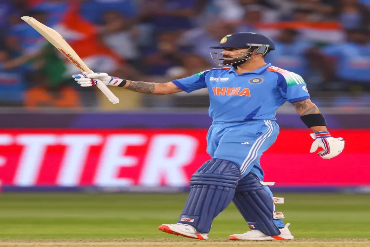 Dubai: India’s Virat Kohli celebrates after scoring a fifty during the ICC Champions Trophy semifinal cricket match between India and Australia at Dubai International Stadium in Dubai on March 4, 2025