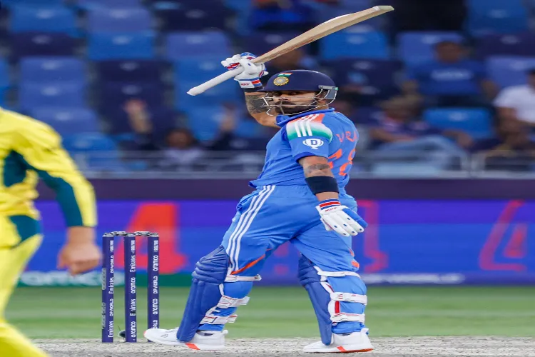 Dubai: India’s Virat Kohli celebrates after scoring a fifty during the ICC Champions Trophy semifinal cricket match between India and Australia at Dubai International Stadium in Dubai on March 4, 2025 