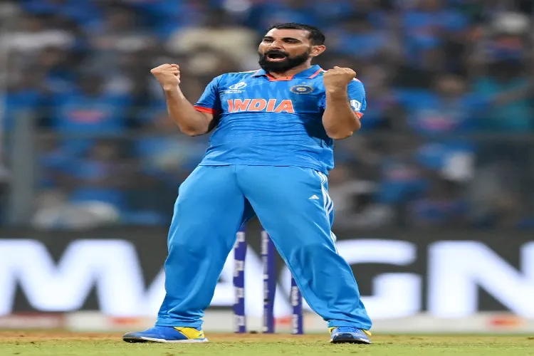 Mohammed Shami celebrates a dismissal of New Zealand during their match in the ICC Men's Cricket World Cup 2023 at Wankhede Stadium in Mumbai (File photo)