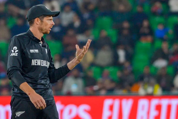 New Zealand's captain Mitchel Santner during the ICC Champions Trophy semifinal cricket match between New Zealand and South Africa at Gaddafi Stadium in Lahore, Pakistan, on March 5, 2025