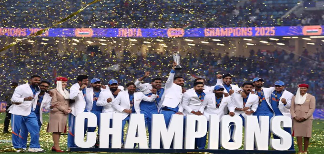 Indian players celebrate with the winners trophy on the podium in Dubai on Sunday