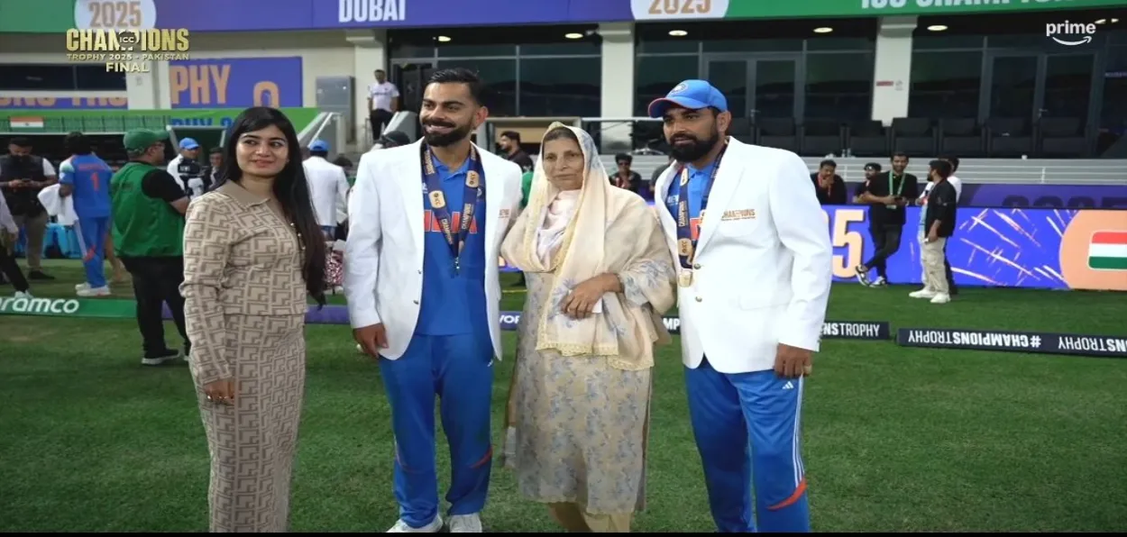 Mohammad Shami, and Virat Kohli clicking pictures with Mohammad Shami's mother and sister at Dubai Stadium (Courtesy X)