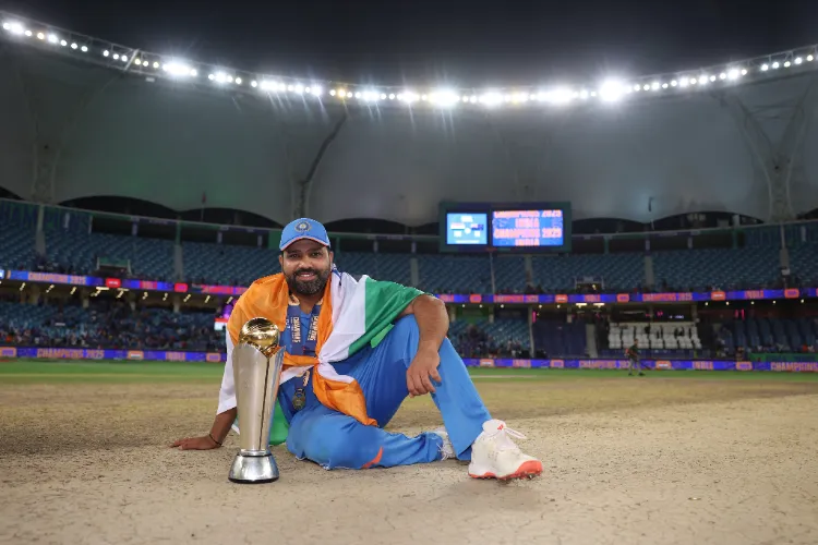 Captain Rohit Sharma with Champions Trophy in Dubai