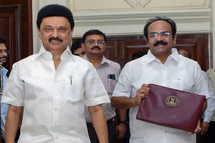 Tamil Nadu Finance Minister Thangam Thennarasu, holding a briefcase containing the documents of the State Budget 2024–25, arrives with State Chief Minister MK Stalin to present it in the Budget Session of the State Assembly in Chennai on Monday