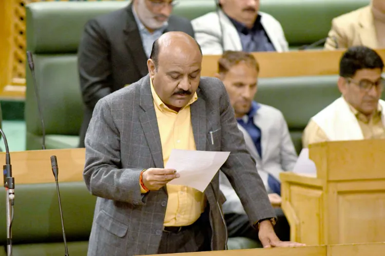 Jammu and Kashmir Deputy Chief Minister Surinder Kumar Choudhary speaks during the ongoing State Assembly session regarding the passing of a resolution seeking the restoration of statehood to Jammu and Kashmir, in Srinagar on November 6, 2024