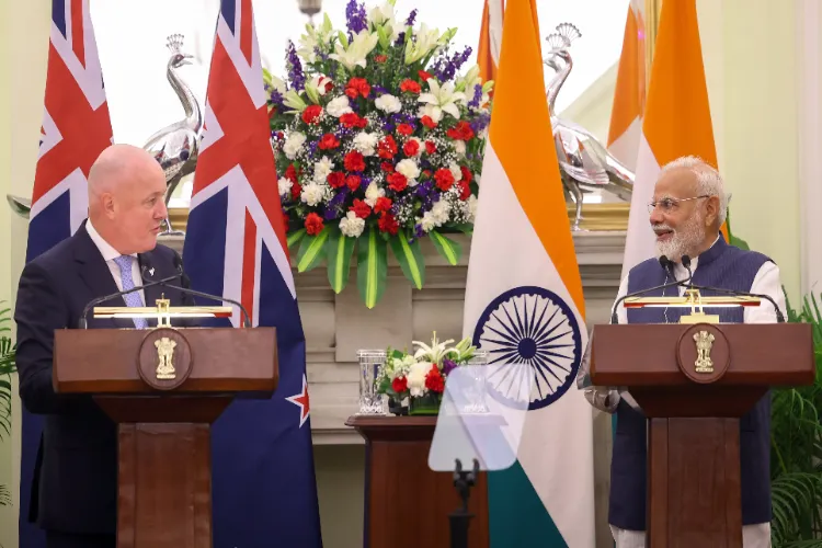 Prime Minister Narendra Modi delivers remarks during a joint press conference with New Zealand Prime Minister Christopher Luxon at Hyderabad House in New Delhi on March 17, 2025