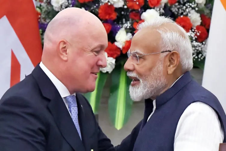 PM Narendra Modi and New Zealand Prime Minister Christopher Luxon during the joint press statement in New Delhi on Monday