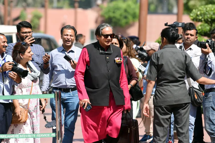 Congress MP Shashi Tharoor at Parliament House during the Budget Session in New Delhi on Wednesday.