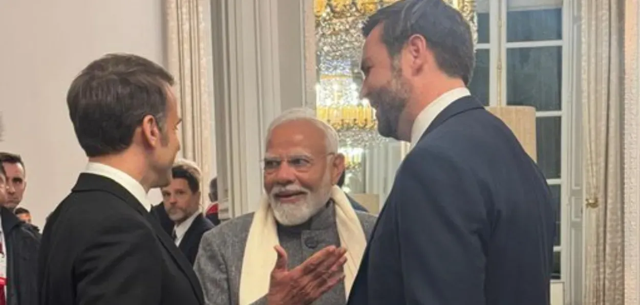 PM Narendra Modi with French President Emmanual Macron and Vice President J D Vance during a conference